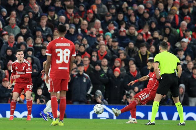 28th January 2026; Anfield, Liverpool, Merseyside, England; UEFA Champions League Football, Liverpool versus Qarabag; Mohammed Salah of Liverpool scores for 3-0 with a direct free kick after 50 minutes  DavidxBlunsden Content restricted for UK based newspaper