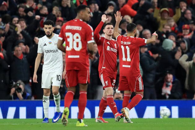 28th January 2026; Anfield, Liverpool, Merseyside, England; UEFA Champions League Football, Liverpool versus Qarabag; Mohammed Salah of Liverpool celebrates with team mate Andy Robertson after scoring for 3-0 with a direct free kick after 50 minutes  DavidxBlunsden Content restricted for UK based newspaper