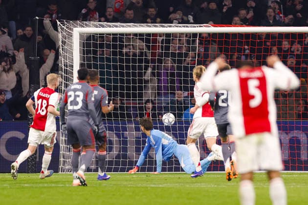 2026-01-28 AFC Ajax v Olympiacos FC - UEFA Champions League AMSTERDAM, NETHERLANDS - JANUARY 28: Kasper Dolberg of AFC Ajax is scoring their teams first goal from a penalty during the UEFA Champions League match between AFC Ajax and Olympiacos FC at Johan Cruijff ArenA on January 28, 2026 in Amsterdam, Netherlands. Amsterdam Johan Cruijff ArenA Netherlands Content not available for redistribution in The Netherlands directly or indirectly through any third parties. Copyright: xBenxGalx