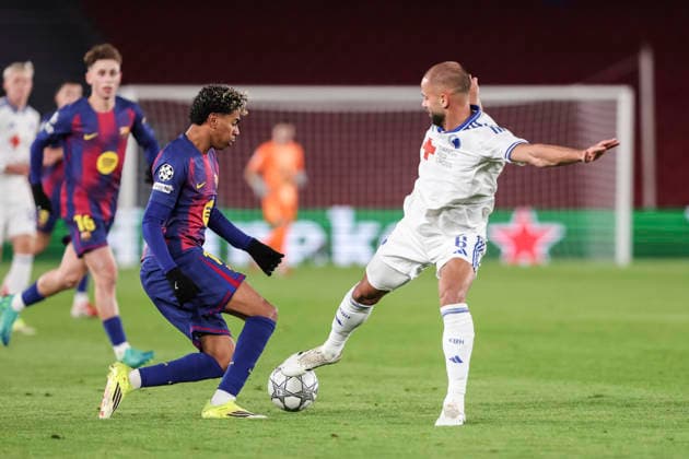 January 28, 2026, Barcelona, Barcelona, Spain: Lamine Yamal of FC Barcelona, Barca and Pantelis Hatzidiakos of FC Copenhague in action during the UEFA Champions League 2025 26 League Phase MD8 match between FC Barcelona and F.C. Copenhagen at Spotify Camp Nou stadium on January 28, 2026 in Barcelona, Spain. Barcelona Spain - ZUMAa181 20260128_zaa_a181_164 Copyright: xJavierxBorregox