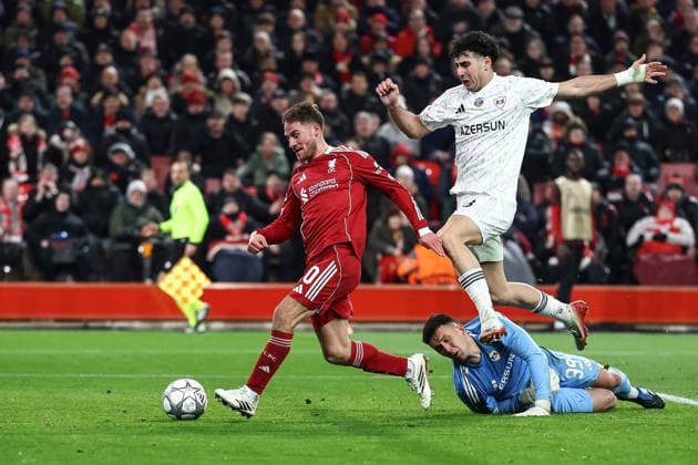 . - Liverpool v Qarabag FK, UEFA Champions League, League Phase, Anfield Stadium, Liverpool, England. - 28th January 2026. (C) Ian Stephen Crystal Pix GOAL 5-0, Alexis Mac Allister of Liverpool scores his second goal of the match to put Liverpool 5-0 ahead against Qarabag FK. - Liverpool v Qarabag FK, UEFA Champions League, League Phase, Anfield Stadium, Liverpool, England. - 28th January 2026. (C) Ian Stephen Crystal Pix Copyright: xIanxStephenx CP_Liverpool_Qarabag_Ian_Stephen_280126_CP39
