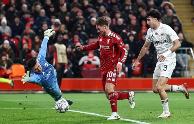. - Liverpool v Qarabag FK, UEFA Champions League, League Phase, Anfield Stadium, Liverpool, England. - 28th January 2026. (C) Ian Stephen Crystal Pix GOAL 5-0, Alexis Mac Allister of Liverpool scores his second goal of the match to put Liverpool 5-0 ahead against Qarabag FK. - Liverpool v Qarabag FK, UEFA Champions League, League Phase, Anfield Stadium, Liverpool, England. - 28th January 2026. (C) Ian Stephen Crystal Pix Copyright: xIanxStephenx CP_Liverpool_Qarabag_Ian_Stephen_280126_CP40