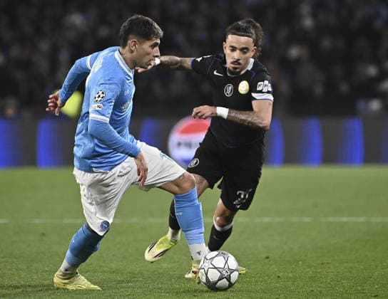 Napoli v Chelsea - UEFA Champions League NAPLES, ITALY, JANUARY 28: Mathias Olivera (L), of Napoli, is challenged by Malo Gusto (R), of Chelsea, during the League phase UEFA Champions League football match between Napoli and Chelsea at the Diego Armando Maradona Stadium in Naples, Italy, on January 28, 2026. Isabella Bonotto Anadolu Naples Italy. Editorial use only. Please get in touch for any other usage.  Copyright: x2026xAnadoluxIsabellaxBonottox