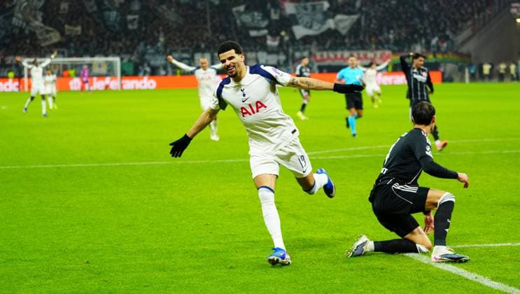 Dominic Solanke of Tottenham Hotspur celebrates scoring a goal after making it 2-0 Eintracht Frankfurt v Tottenham Hotspur, UEFA Champions League, Group Stage, Football, Deutsche Bank Park, Frankfurt, Germany - 28 Jan 2026Frankfurt Deutsche Bank Park Germany EDITORIAL USE ONLY No use with unauthorised audio, video, data, fixture lists, club league logos or live services. Online in-match use limited to 120 images, no video emulation. No use in betting, games or single club league player publications. Copyright: xJavierxGarcia Shutterstockx 16429470al