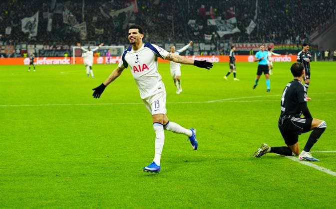 Dominic Solanke of Tottenham Hotspur celebrates scoring a goal after making it 2-0 Eintracht Frankfurt v Tottenham Hotspur, UEFA Champions League, Group Stage, Football, Deutsche Bank Park, Frankfurt, Germany - 28 Jan 2026Frankfurt Deutsche Bank Park Germany EDITORIAL USE ONLY No use with unauthorised audio, video, data, fixture lists, club league logos or live services. Online in-match use limited to 120 images, no video emulation. No use in betting, games or single club league player publications. Copyright: xJavierxGarcia Shutterstockx 16429470ai