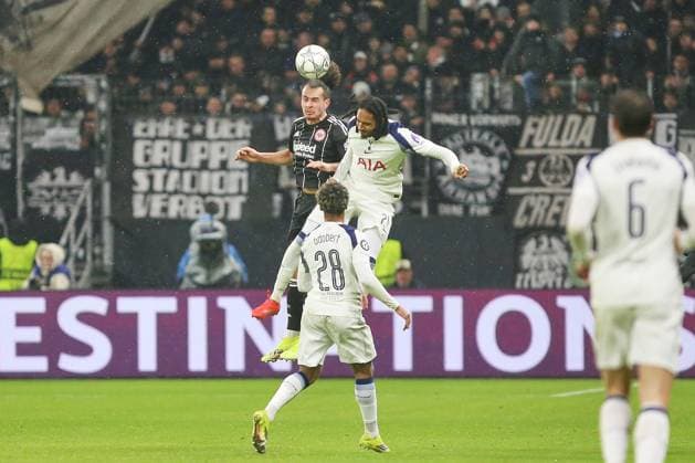 Frankfurt Main, Hesse, Germany, 28 01 2026 Waldstadion Deutsche Bank Park UEFA Champions League 2025 26 Eintracht Frankfurt Tottenham Hotspur header duel between Arthur Theate 3, Eintracht Frankfurt and Djed Spence 24, Tottenham , in front Wilson Odobert 28, Tottenham and Joao Palhinha 6, Tottenham Copyright: xdtsxNachrichtenagenturx dts_104010