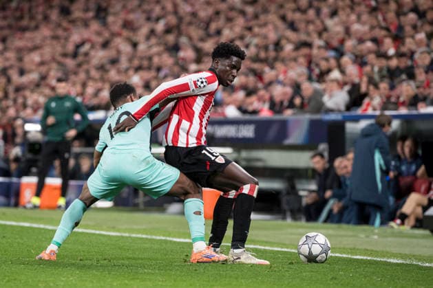 UEFA Champions League Athletic Club vs Sporting Clube de Portugal Adama Boiro of Athletic Club attempt to hold possession whilst under pressure from Geny Catamo of Sporting Clube de Portugal during Champions League 2025-26 League phase match between Athletic Club and Sporting Clube de Portugal at San mames stadium. Bilbo (Basque Country). January 28, 2026. (Gari Garaialde Bostok Photo) Bilbao Bizkaia Spain Editorial Use Only  Copyright: xGarikoitzxGaraialdex xBostokxPhotox Bostok Photo GarixGaraialdex GG2601280512