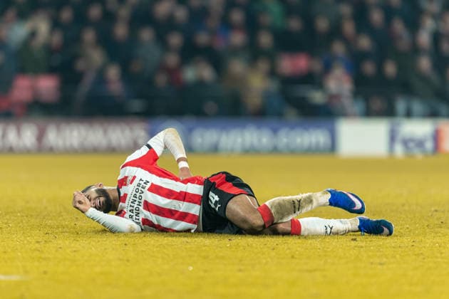 Ismael Saibari PSV Eindhoven on the ground during the UEFA Champions League 2025 26 League Phase MD8 match between PSV Eindhoven and FC Bayern München at PSV Stadion on January 28, 2026 in Eindhoven, Netherlands