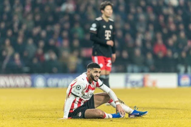 Ismael Saibari PSV Eindhoven on the ground during the UEFA Champions League 2025 26 League Phase MD8 match between PSV Eindhoven and FC Bayern München at PSV Stadion on January 28, 2026 in Eindhoven, Netherlands