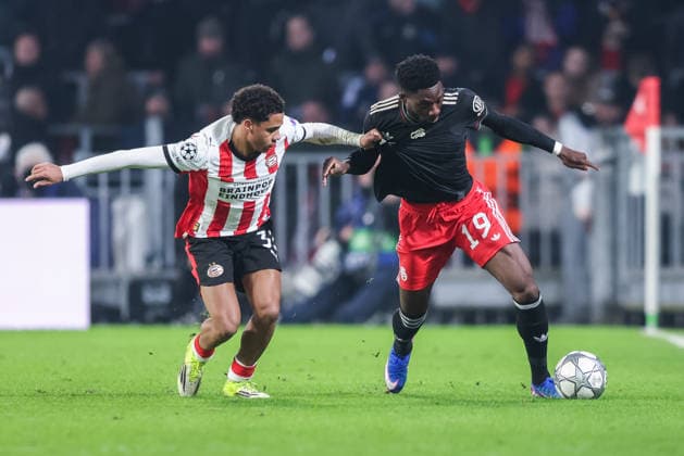 Soccer Champions League matchday 8 PSV Eindhoven FC Bayern Munich on 28 01 2026 at Philips Stadion in Eindhoven Noah Fernandez Eindhoven , left Alphonso Davies Munich , right xJRx