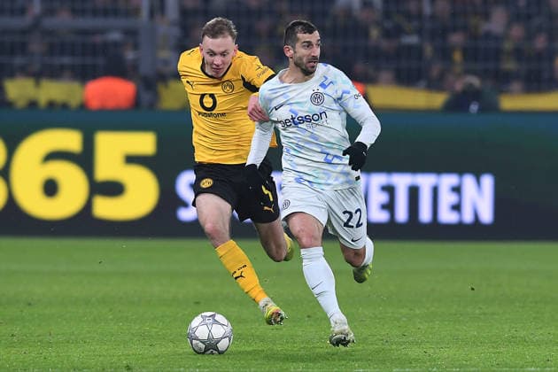 Soccer UEFA Champions League Matchday 8 Borussia Dortmund Inter Milan on 28 01 2026 at Signal Iduna Park in Dortmund Henrikh Mkhitaryan Milan , front Maximilian Beier Dortmund , back xRx