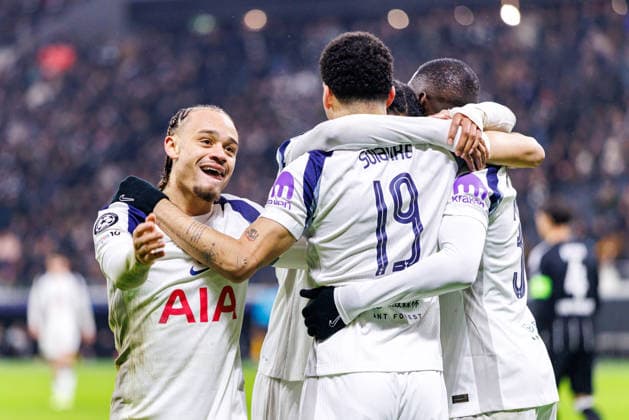 FRANKFURT, DEUTSCHLAND - JANUARY 28: Dominic Solanke (Tottenham Hotspur, 19) celebrates scoring his team s second goal with teammates during the UEFA Champions League match between Eintracht Frankfurt vs. Tottenham Hotspur at Eintracht Frankfurt Stadium on matchday 8 of the League Phase on January 28, 2026 in Frankfurt, Deutschland. Hessen Deutschland Copyright: xStephanxHahnex
