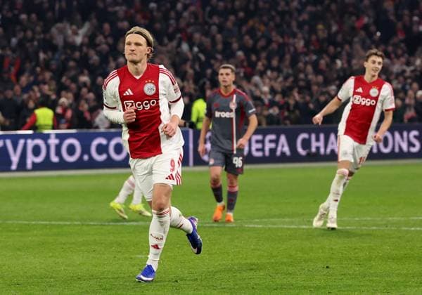 Kasper Dolberg of AFC Ajax celebrates after scoring the goal during the match AFC Ajax Amsterdam vs Olympiacos Piraues at the Johan Cruijff ArenA for the UEFA Champions League season 2025 2026 in AMSTERDAM, Netherlands on 28 january 2026 Photo by Peter Lous EYE4IMAGES