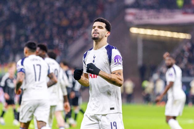 FRANKFURT, DEUTSCHLAND - JANUARY 28: Dominic Solanke (Tottenham Hotspur, 19) celebrates scoring his team s second goal with teammates during the UEFA Champions League match between Eintracht Frankfurt vs. Tottenham Hotspur at Eintracht Frankfurt Stadium on matchday 8 of the League Phase on January 28, 2026 in Frankfurt, Deutschland. Hessen Deutschland Copyright: xStephanxHahnex