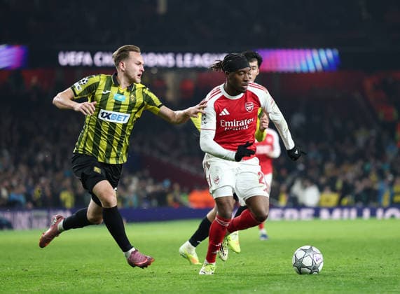 London, England, 28th January 2026. Noni Madueke of Arsenal surges forward during the Arsenal vs Kairat Almaty UEFA Champions League match at the Emirates Stadium, London. Picture credit should read: David Klein Sportimage EDITORIAL USE ONLY. No use with unauthorised audio, video, data, fixture lists, club league logos or live services. Online in-match use limited to 120 images, no video emulation. No use in betting, games or single club league player publications. SPI_054_DK_Arsenal_Alamty SPI-4488-0054