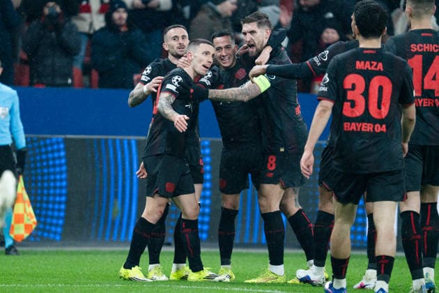 UEFA Champions League 2025 26 Bayer 04 Leverkusen v Villarreal CF 8 Matchday of the league phase Wednesday, 28 01 2026 BayArena Nordrhein Westfalen, Germany Goal for 3 0 by Alejandro Grimaldo 20 Cheers Joy Emotions Goal celebration Lucas Vazquez 21 Aleix Garcia 24 Robert Andrich 8 Copyright: xCelinaxLeiersx