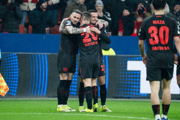 UEFA Champions League 2025 26 Bayer 04 Leverkusen vs Villarreal CF 8 Matchday of the league phase Wednesday, 28 01 2026 BayArena Nordrhein Westfalen, Germany Goal for 3 0 by Alejandro Grimaldo 20 Cheers Joy Emotions Goal celebration Lucas Vazquez 21 Copyright: xCelinaxLeiersx