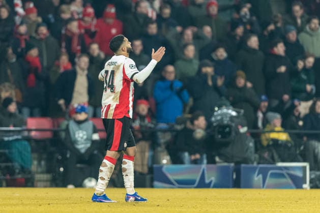 Ismael Saibari PSV Eindhoven celebrates after scoring his team s first goal during the UEFA Champions League 2025 26 League Phase MD8 match between PSV Eindhoven and FC Bayern München at PSV Stadion on January 28, 2026 in Eindhoven, Netherlands