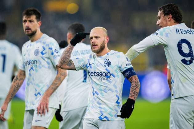 28 01 2026 Football, 2025 2026, UEFA Champions League, Matchday 8, Borussia Dortmund Inter Milan Federico Dimarco Milan celebrates after his goal to make it 0 1