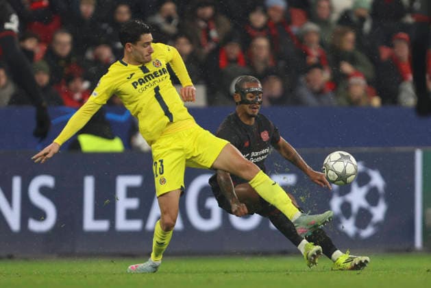 Sergi Cardona Villarreal CF and Arthur Bayer 04 Leverkusen battle for the ball during the UEFA Champions League 2025 26 League Phase MD8 match between Bayer 04 Leverkusen and Villarreal CF at BayArena on January 28, 2026 in Leverkusen, Germany Photo by Oliver Kaelke DeFodi Images