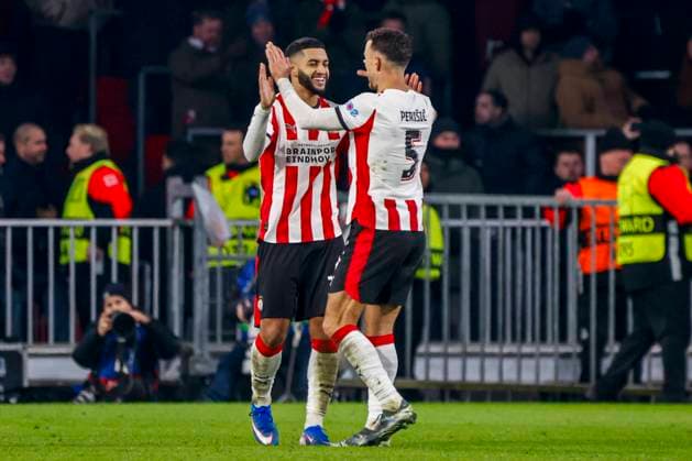 Ismael Saibari of PSV Eindhoven celebrate their team s first goal with Ivan Perisic of PSV Eindhoven PSV Eindhoven v FC Bayern Munchen, UEFA Champions League 2025 26 League Phase MD8, PSV Eindhoven v FC Bayern Munchen, PSV Stadion, January 28, 2026, Eindhoven, Netherlands.