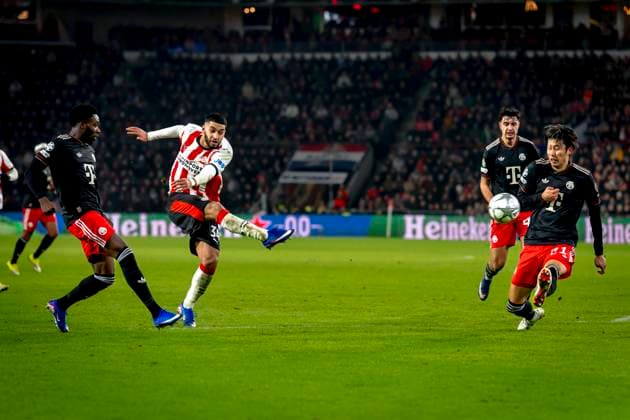 PSV Eindhoven midfielder Ismael Saibari scores the 1 1 during the match PSV Eindhoven vs FC Bayern Munchen at the Philips stadium for the Champions League phase Matchday 8 season 2025 2026 in EINDHOVEN, Netherlands on 28 01 2026, Photo by Marcel van Dorst EYE4IMAGES