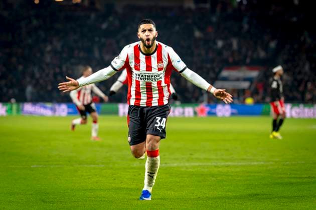 PSV Eindhoven midfielder Ismael Saibari scores the 1 1 and celebrating the goal during the match PSV Eindhoven vs FC Bayern Munchen at the Philips stadium for the Champions League League phase Matchday 8 season 2025 2026 in EINDHOVEN, Netherlands on 28 01 2026, Photo by Marcel van Dorst EYE4IMAGES