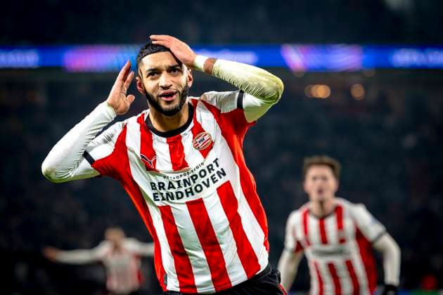 PSV Eindhoven midfielder Ismael Saibari scores the 1 1 and celebrating the goal during the match PSV Eindhoven vs FC Bayern Munchen at the Philips stadium for the Champions League League phase Matchday 8 season 2025 2026 in EINDHOVEN, Netherlands on 28 01 2026, Photo by Marcel van Dorst EYE4IMAGES