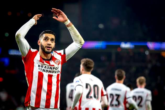 PSV Eindhoven midfielder Ismael Saibari scores the 1 1 and celebrating the goal during the match PSV Eindhoven vs FC Bayern Munchen at the Philips stadium for the Champions League League phase Matchday 8 season 2025 2026 in EINDHOVEN, Netherlands on 28 01 2026, Photo by Marcel van Dorst EYE4IMAGES