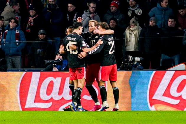 Harry Kane of FC Bayern Munchen celebrates with teammates after scoring his teams second goal PSV Eindhoven v FC Bayern Munchen, UEFA Champions League 2025 26 League Phase MD8, PSV Eindhoven v FC Bayern Munchen, PSV Stadion, January 28, 2026, Eindhoven, Netherlands.