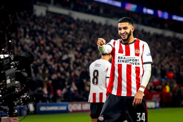 PSV Eindhoven midfielder Ismael Saibari scores the 1 1 and celebrating the goal during the match PSV Eindhoven vs FC Bayern Munchen at the Philips stadium for the Champions League League phase Matchday 8 season 2025 2026 in EINDHOVEN, Netherlands on 28 01 2026, Photo by Marcel van Dorst EYE4IMAGES