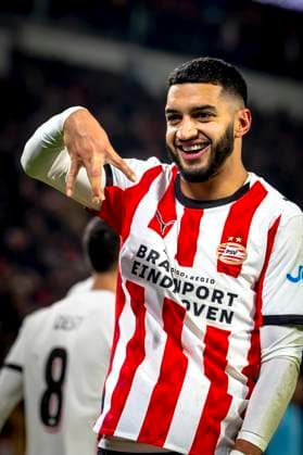 PSV Eindhoven midfielder Ismael Saibari scores the 1 1 and celebrating the goal during the match PSV Eindhoven vs FC Bayern Munchen at the Philips stadium for the Champions League League phase Matchday 8 season 2025 2026 in EINDHOVEN, Netherlands on 28 01 2026, Photo by Marcel van Dorst EYE4IMAGES
