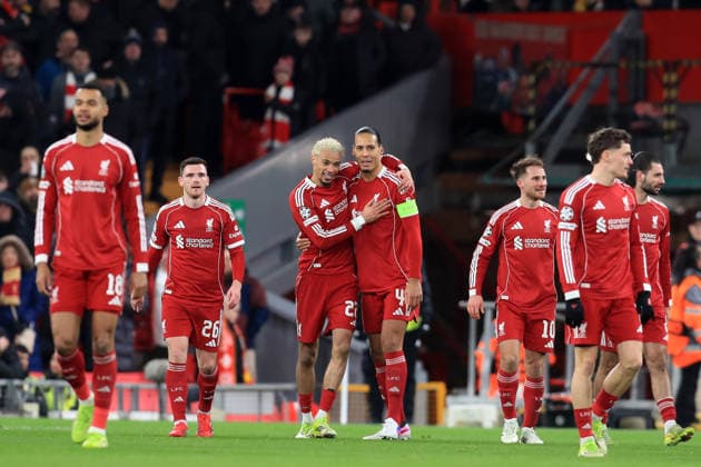 28th January 2026; Anfield, Liverpool, Merseyside, England; UEFA Champions League Football, Liverpool versus Qarabag; Hugo Ekitike of Liverpool celebrates with team mate Virgil van Dijk after scoring for 4-0 after 57 minutes  DavidxBlunsden