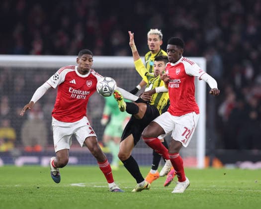 London, England, 28th January 2026. Cristhian Mosquera of Arsenal and Ife Ibrahim of Arsenal during the Arsenal vs Kairat Almaty UEFA Champions League match at the Emirates Stadium, London. Picture credit should read: David Klein Sportimage EDITORIAL USE ONLY. No use with unauthorised audio, video, data, fixture lists, club league logos or live services. Online in-match use limited to 120 images, no video emulation. No use in betting, games or single club league player publications. SPI_057_DK_Arsenal_Alamty SPI-4488-0060