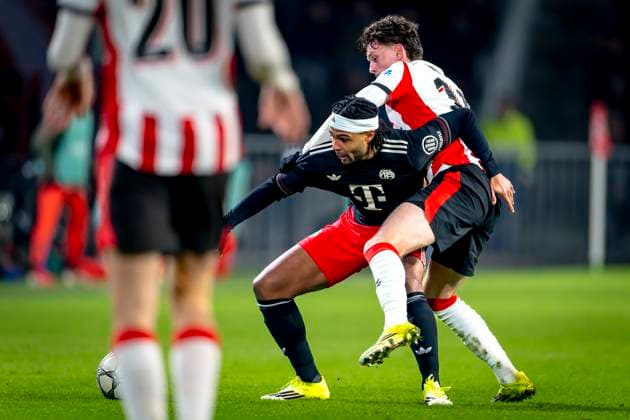SC Bayern Munchen forwarder Serge Gnabry, PSV Eindhoven midfielder Paul Wanner during the match PSV Eindhoven vs FC Bayern Munchen at the Philips stadium for the Champions League League phase Matchday 8 season 2025 2026 in EINDHOVEN, Netherlands on 28 01 2026, Photo by Marcel van Dorst EYE4IMAGES