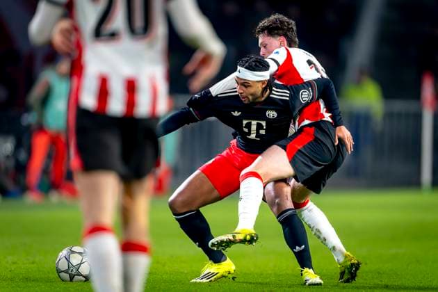 SC Bayern Munchen forwarder Serge Gnabry, PSV Eindhoven midfielder Paul Wanner during the match PSV Eindhoven vs FC Bayern Munchen at the Philips stadium for the Champions League League phase Matchday 8 season 2025 2026 in EINDHOVEN, Netherlands on 28 01 2026, Photo by Marcel van Dorst EYE4IMAGES