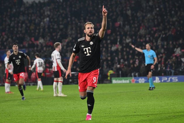 28 01 2026, xjrdrx, Football UEFA Champions League, PSV Eindhoven FC Bayern Muenchen v l Torjubel nach dem Tor zum celebrating the goal celebrate 1 2 durch Harry Kane FC Bayern Muenchen DFL DFB REGULATIONS PROHIBIT ANY USE OF PHOTOGRAPHS as IMAGE SEQUENCES and or QUASI VIDEO Eindhoven
