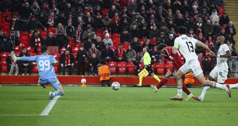 Liverpool v Qarabag, UEFA Champions League, League Phase 28.01.26 Liverpool v Qarabag, UEFA Champions League, League Phase Bradley Ormesher The Times Federico Chiesa of Liverpool scores and celebrates scoring his teams 6th goal  Copyright: xBradleyxOrmesherx NINTCHDBPICT001054840925