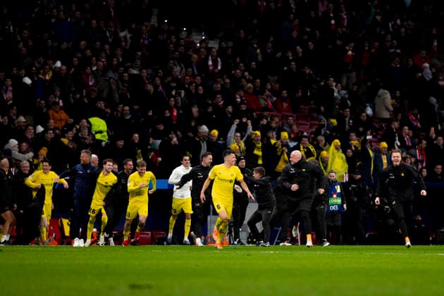 UEFA champions league - Atletico de Madrid vs FK Bodo Glimt MADRID,SPAIN - 28 January:Several players of FK Bodo Glimt Celebrates victory during UEFA champions league 2025 26 match between Atletico de Madrid and FK Bodo Glimt at Riyadh Air Metropolitano Stadium. (Photo by Guille Martinez f22photo) Madrid Riyadh Air Metropolitano Stadium Spain Copyright: xGuillermoxMartinezx