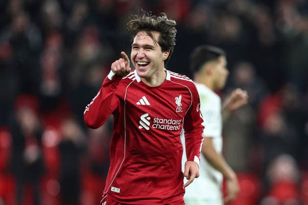 . - Liverpool v Qarabag FK, UEFA Champions League, League Phase, Anfield Stadium, Liverpool, England. - 28th January 2026. (C) Ian Stephen Crystal Pix GOAL 6-0, Federico Chiesa of Liverpool goal celebration after scoring a goal to put Liverpool 6-0 ahead against Qarabag FK. - Liverpool v Qarabag FK, UEFA Champions League, League Phase, Anfield Stadium, Liverpool, England. - 28th January 2026. (C) Ian Stephen Crystal Pix Copyright: xIanxStephenx CP_Liverpool_Qarabag_Ian_Stephen_280126_CP46