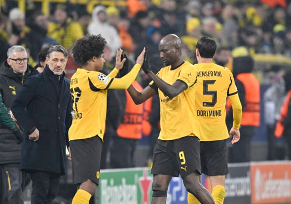 v r Serhou Guirassy Borussia Dortmund , Karim Adeyemi Borussia Dortmund , Coach Niko Kovac Borussia Dortmund , Substitution, Substitution, Football Champions League, Borussia Dortmund Inter Milan, Matchday 8, on 28 01 2026 in Dortmund Germany UEFA regulations prohibit any use of photographs as image sequences and or quasi video Â