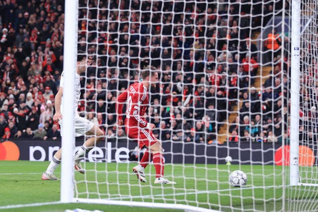 Fußball UEFA-Champions-League-Phase Liverpool gegen Qarabag 28. Januar 2026 UEFA-Champions-League-Phase Liverpool gegen Qarabag Alexis Mac Allister von Liverpool erzielt das 5. Tor Foto Simon Stacpoole Abseits Manchester UK  Copyright: xSimonxStacpoolexOffside