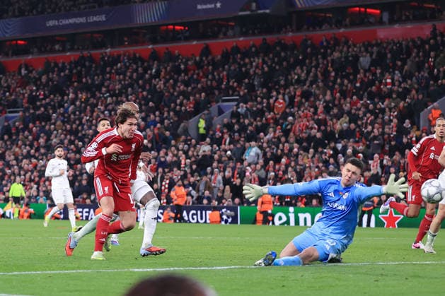 Fußball UEFA-Champions-League-Phase Liverpool gegen Qarabag 28. Januar 2026 UEFA-Champions-League-Phase Liverpool gegen Qarabag Federico Chiesa von Liverpool erzielt das 6. Tor Foto Simon Stacpoole Abseits Manchester UK  Copyright: xSimonxStacpoolexOffside