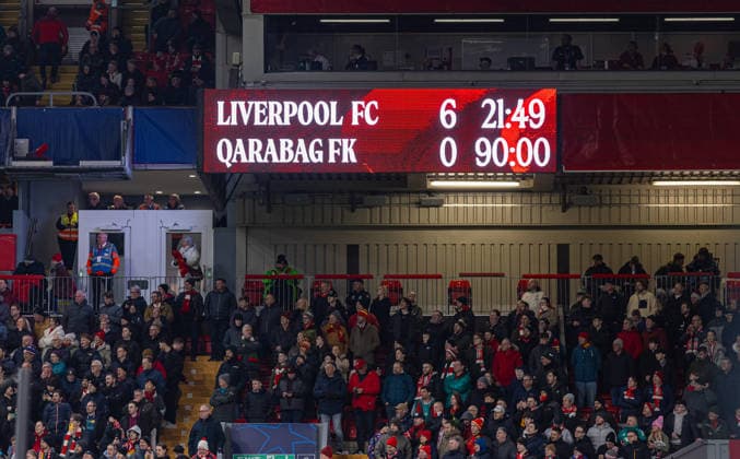 Football - UEFA Champions League - League Phase - Liverpool FC v QarabaÄü FK LIVERPOOL, ENGLAND - Wednesday, January 28, 2026: The scoreboard during the UEFA Champions League match between Liverpool FC and QarabaÄü FK at Anfield. Liverpool won 6-0. (Photo by David Rawcliffe Propaganda) LIVERPOOL Anfield MERSEYSIDE ENGLAND  Copyright: xDavidxRawcliffex P2026-01-28-Liverpool_Qarabag