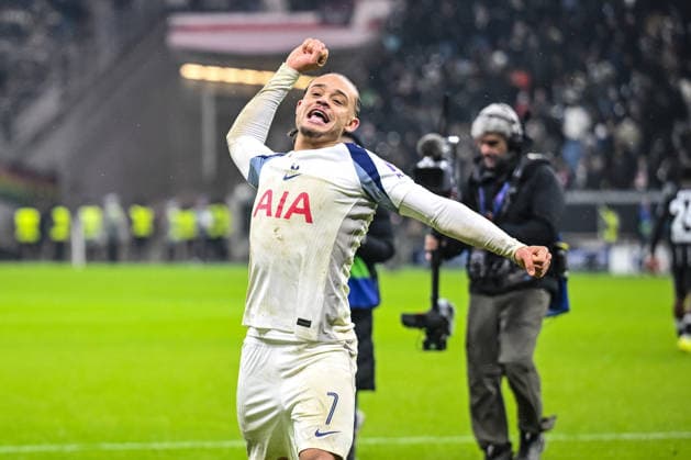 Xavi Simons Tottenham Hotspur celebrates the Victory with the Supporters during the UEFA Champions League 2025 26 League Phase MD8 match between Eintracht Frankfurt and Tottenham Hotspur at Frankfurt Stadion on January 28, 2026 in Frankfurt am Main, Germany Photo by Harry Langer DeFodi Images