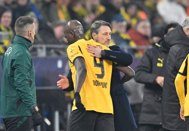 v l Serhou Guirassy Borussia Dortmund , Coach Niko Kovac Borussia Dortmund , Substitution, Football Champions League, Borussia Dortmund Inter Milan, Matchday 8, on 28 01 2026 in Dortmund Germany UEFA regulations prohibit any use of photographs as image sequences and or quasi video Â