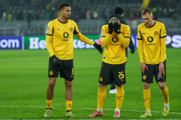 UEFA Champions League Borussia Dortmund Inter Milan on 28 01 2026 at Signal Iduna Park in Dortmund Felix Nmecha Dortmund 8 , Julian Ryerson Dortmund 26 and Maximilian Beier Dortmund 14 dissatisfied, disappointed, disappointed, dejected MH