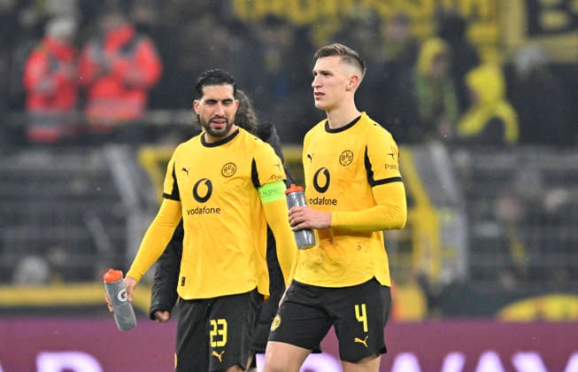 v l Emre Can Borussia Dortmund , Nico Schlotterbeck Borussia Dortmund disappointed after the match Football Champions League, Borussia Dortmund Inter Milan, Matchday 8, on 28 01 2026 in Dortmund Germany UEFA regulations prohibit any use of photographs as image sequences and or quasi video Â