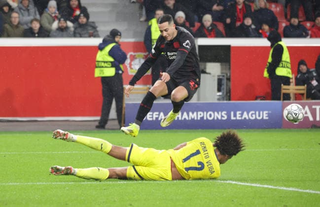 Lucas Vazquez B04 jumps over Renato Veiga VIL , UEFA Champions League, Matchday 8, Bayer 04 Leverkusen vs FC Villarreal, Bayarena Leverkusen, Germany, 28 01 2026