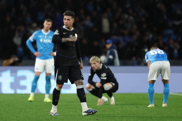 Enzo Fernandez of Chelsea celebrates at the end of the UEFA Champions League 2025 2026 football match between SSC Napoli and Chelsea FC at Diego Armando Maradona stadium in Naples (Italy), January 28th, 2026. cesarexpurini